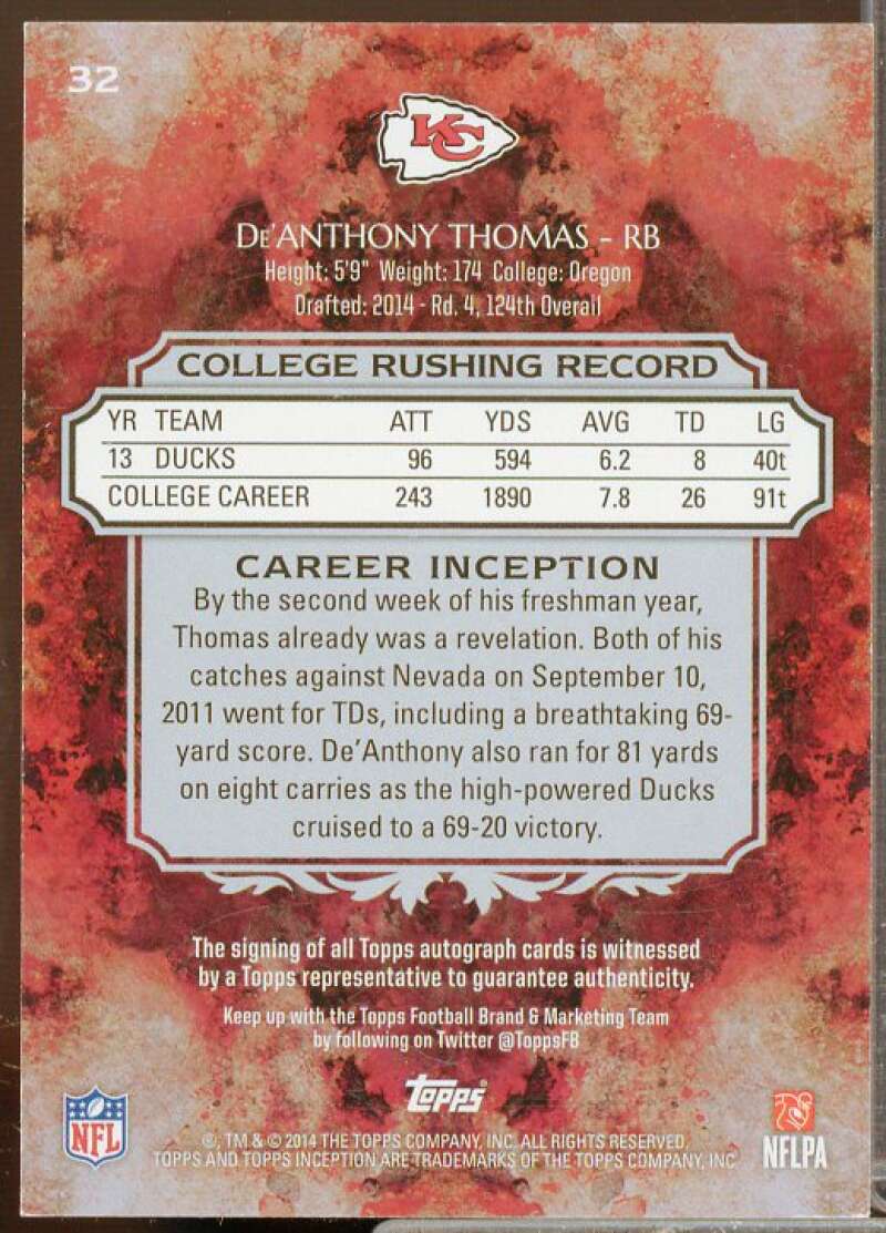 De'Anthony Thomas AU Rookie Card 2014 Topps Inception #32R  Image 2