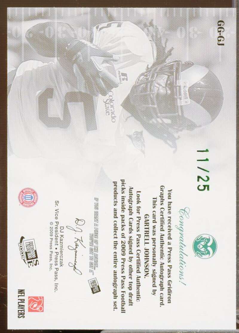 Gartrell Johnson Rookie Card 2009 Press Pass SE Gridiron Graphs Green #GGGJ  Image 2