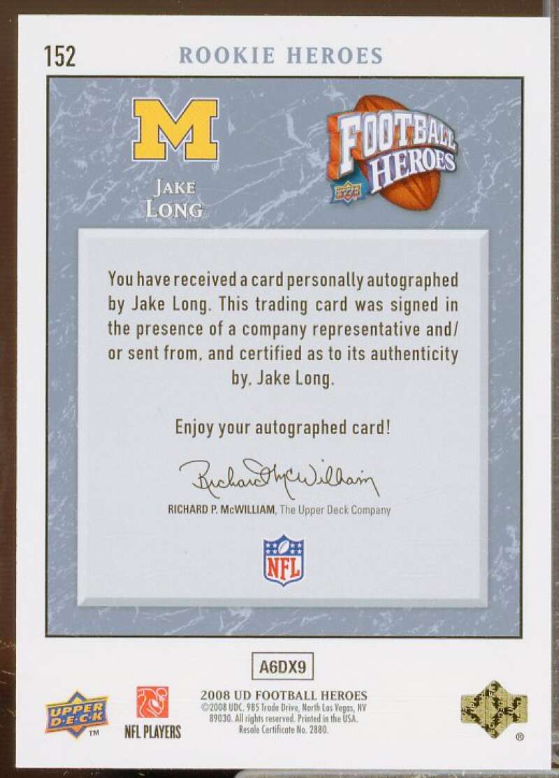 Jake Long/250 Rookie Card 2008 Upper Deck Heroes Autographs Blue #152  Image 2