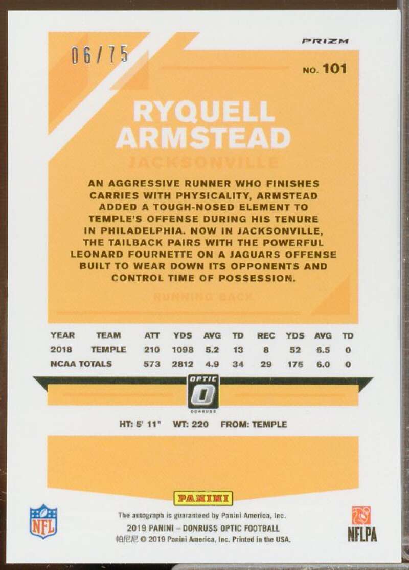 Ryquell Armstead Rookie Card 2019 Donruss Optic Rookies Autographs Blue #101  Image 2