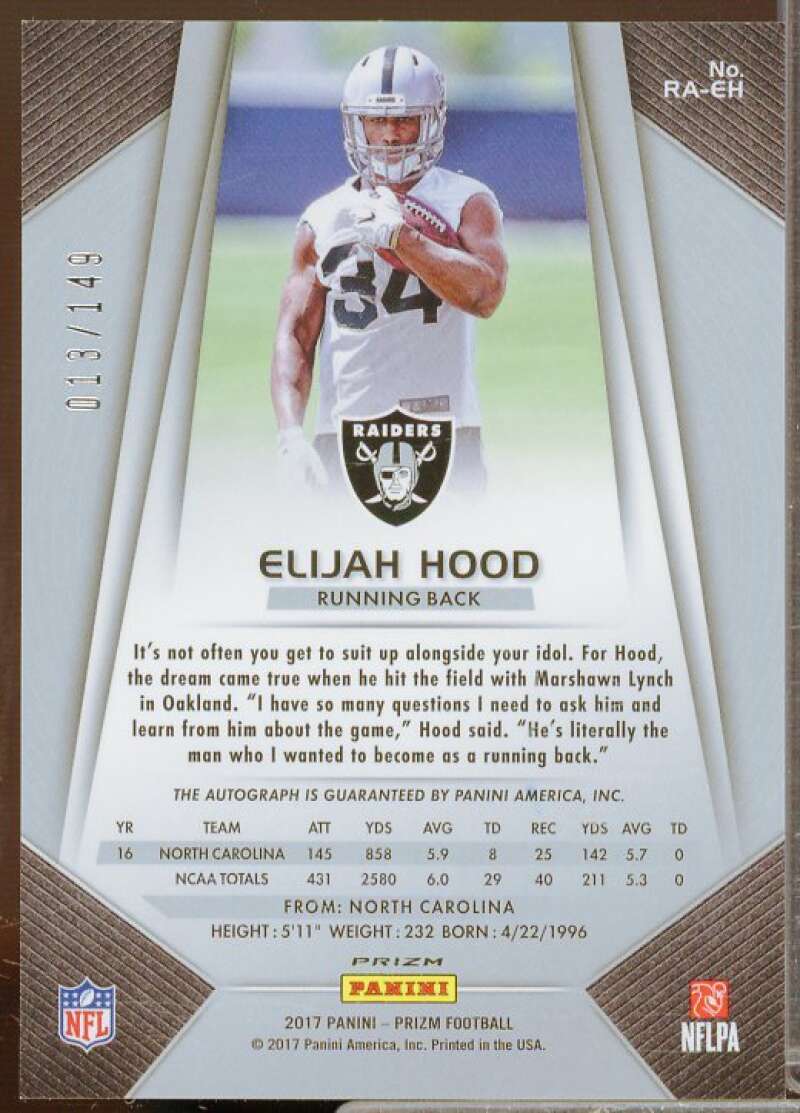 Elijah Hood Rookie 2017 Panini Prizm Rookie Autographs Prizms Blue Wave #RAEH  Image 2