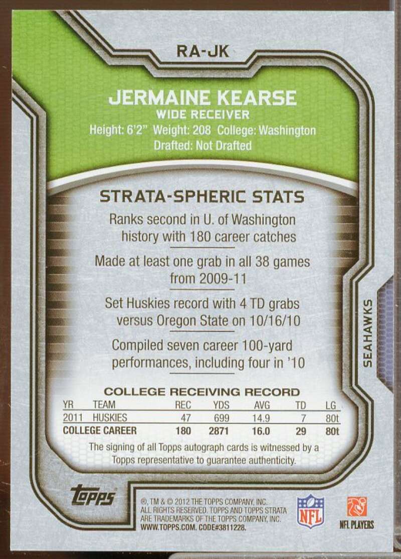 Jermaine Kearse Rookie Card 2012 Topps Strata Rookie Autographs #RAJK  Image 2