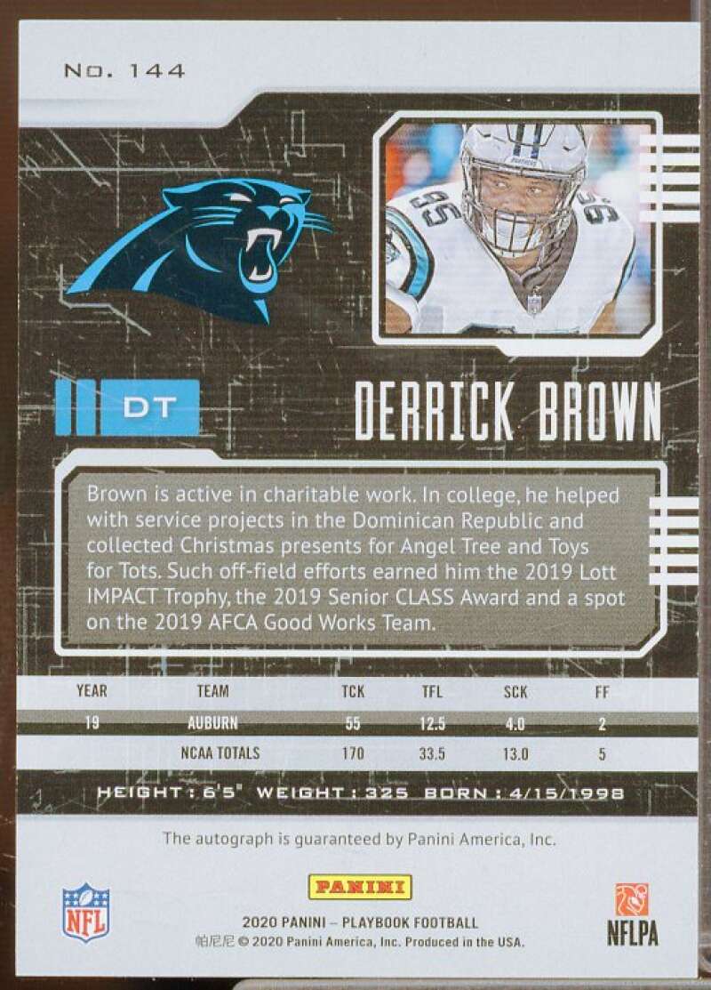 Derrick Brown Rookie Card 2020 Panini Playbook Rookies Signatures #144  Image 2