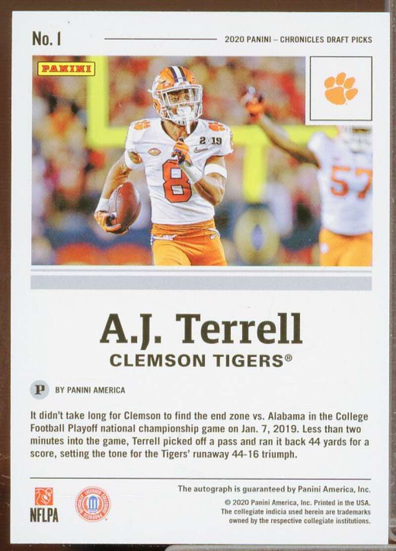 A.J. Terrell Rookie Card 2020 Panini Chronicles Draft Picks Signatures #1  Image 2