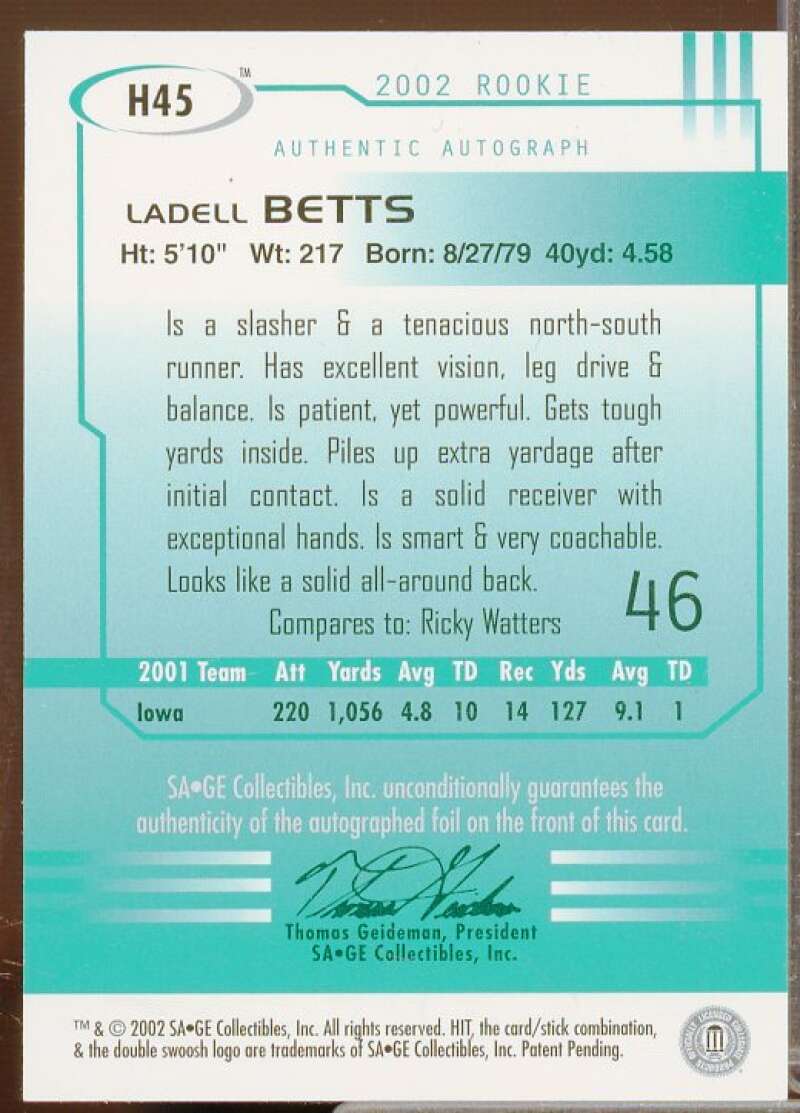 Ladell Betts Rookie Card 2002 SAGE HIT Autographs Silver #H45  Image 2