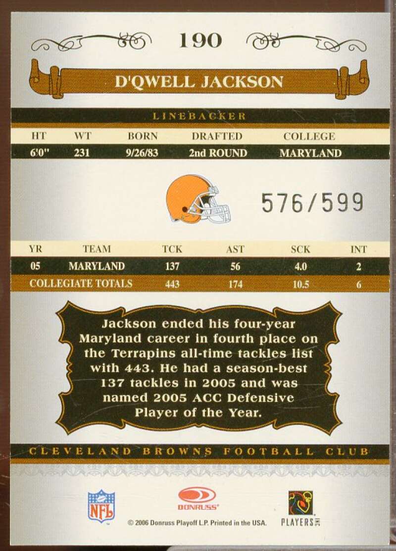 D'Qwell Jackson AU/599 Rookie Card 2006 Donruss Classics #190  Image 2