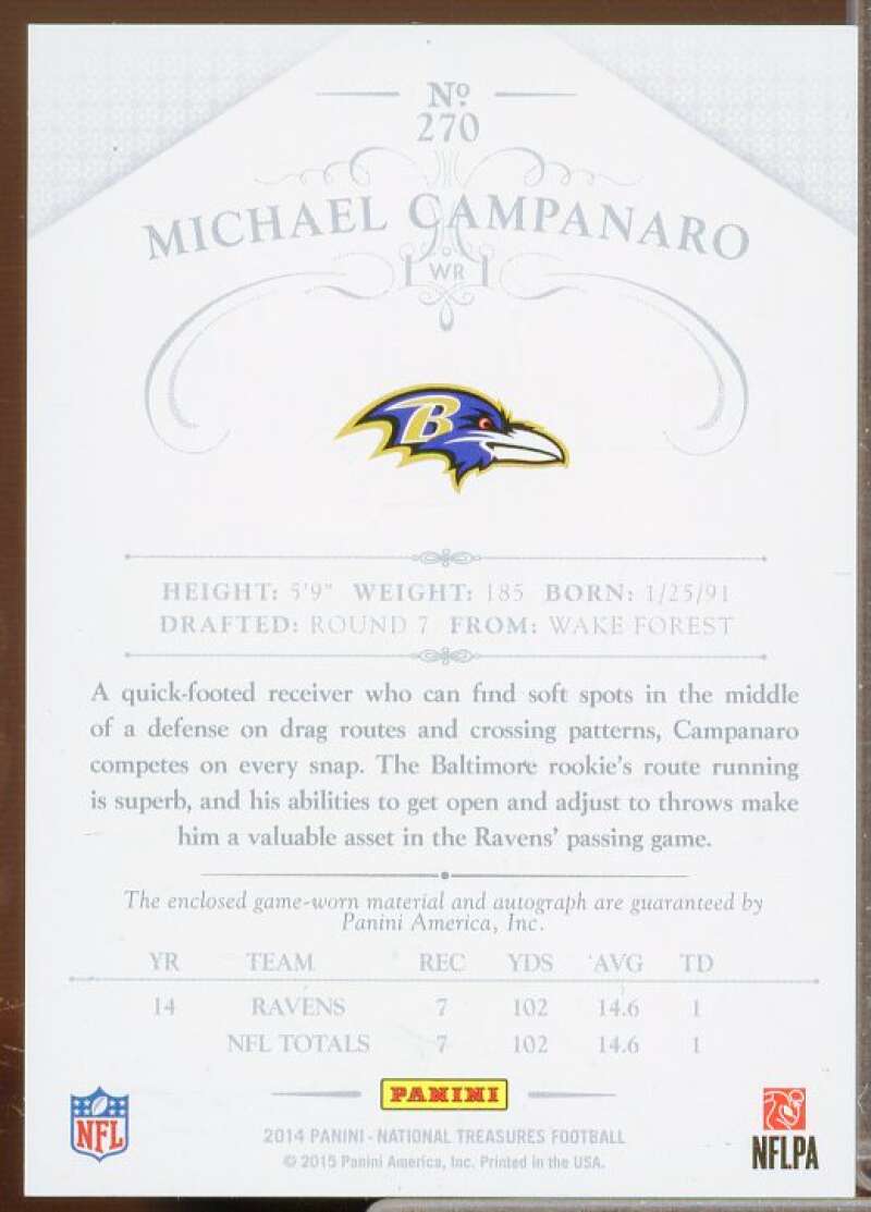 Michael Campanaro JSY AU Rookie Card 2014 Panini National Treasures #270  Image 2