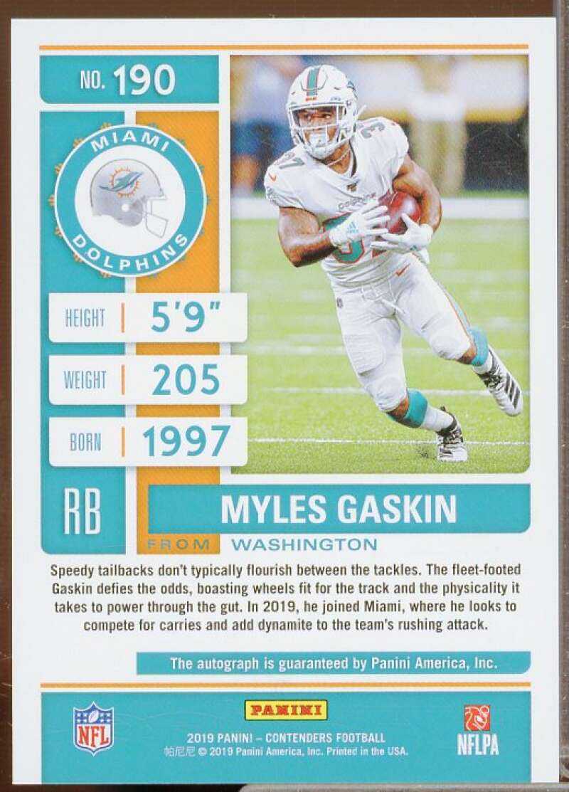 Myles Gaskin AU Rookie Card 2019 Panini Contenders #190  Image 2