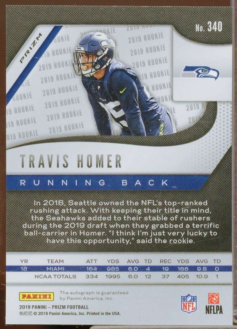 Travis Homer Rookie Card 2019 Panini Prizm Rookie Autographs #340  Image 2