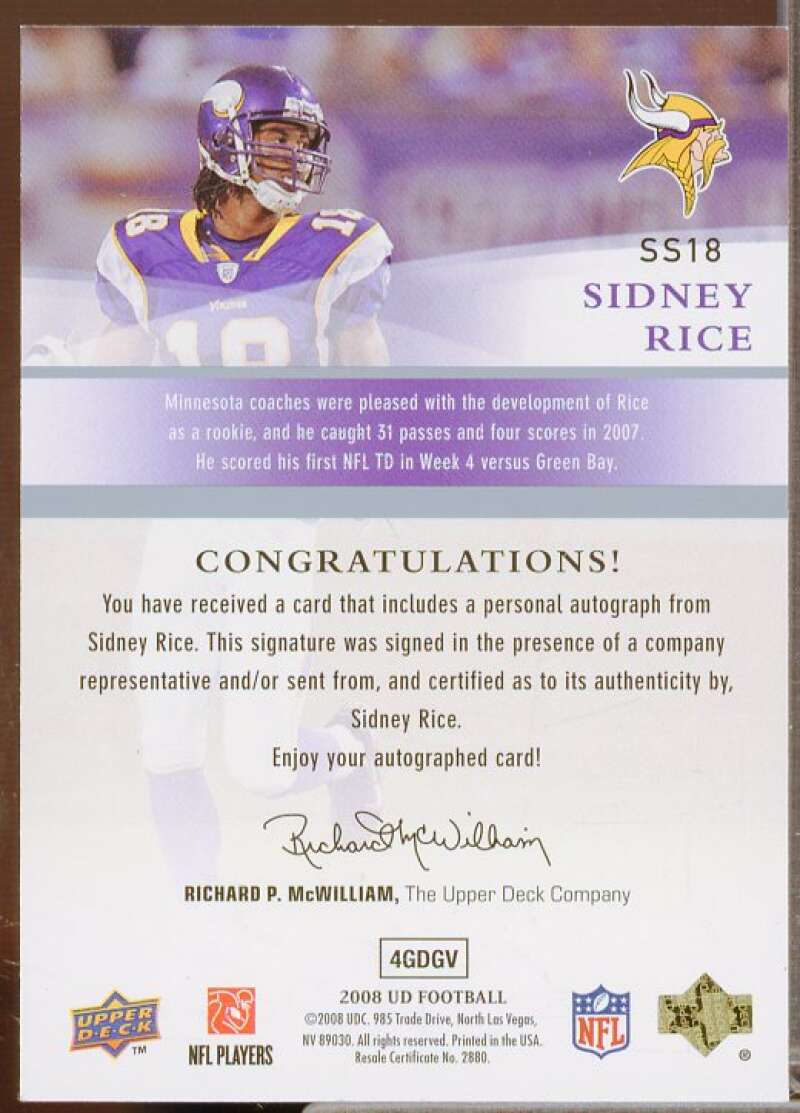 Sidney Rice Rookie Card 2008 Upper Deck Signature Shots #SS18  Image 2