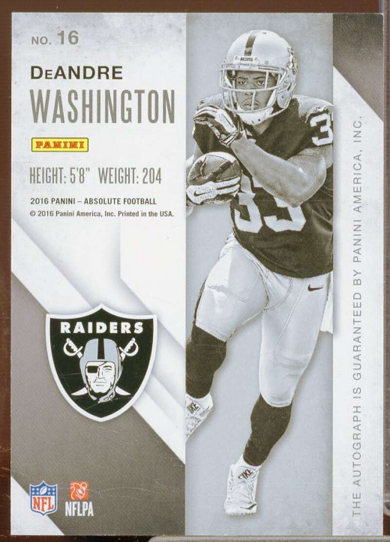 DeAndre Washington/100 Rookie Card 2016 Absolute Rook Ink Silver #16  Image 2