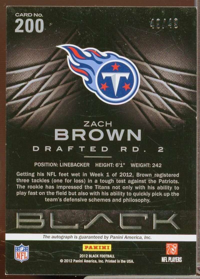 Zach Brown/49 Rookie Card 2012 Panini Black Rookie Signatures Platinum #200  Image 2