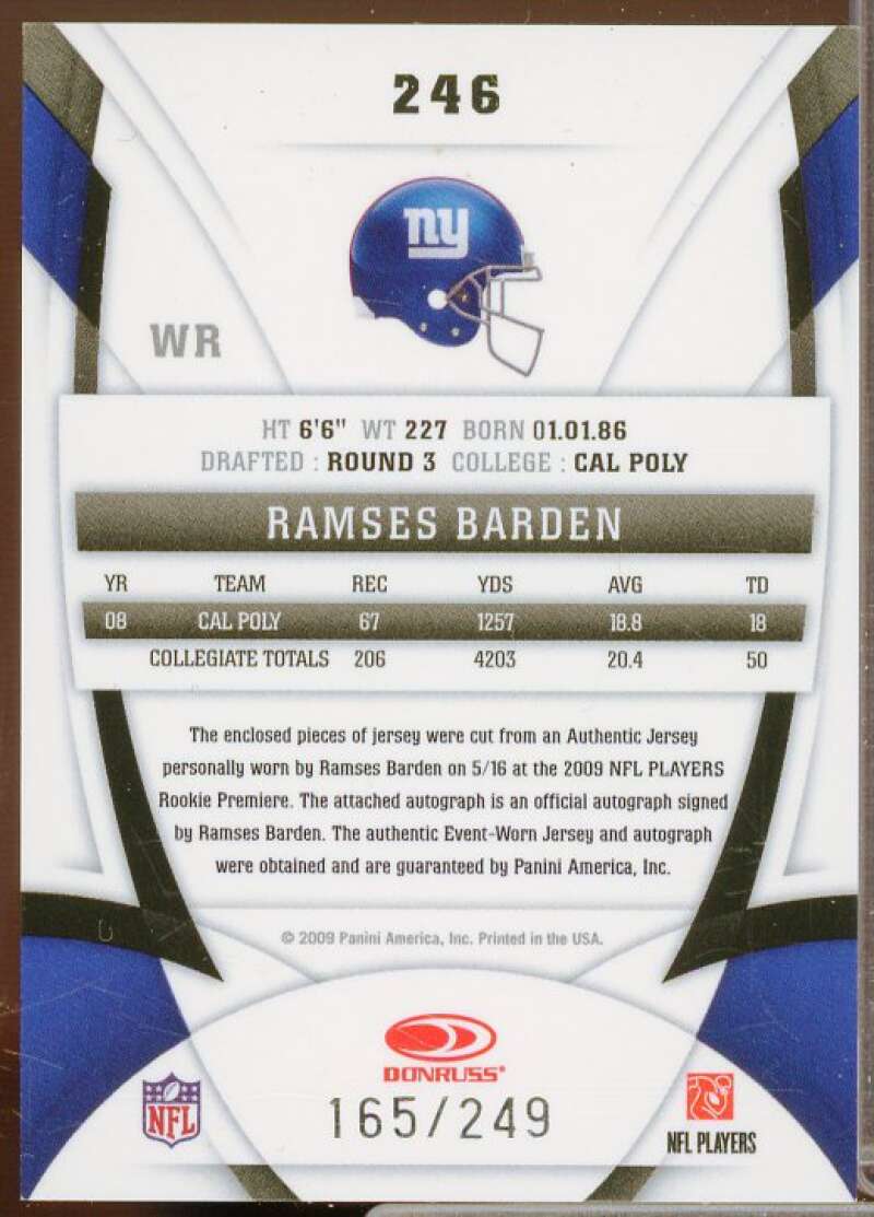 Ramses Barden JSY AU/249 Rookie Card 2009 Certified #246  Image 2