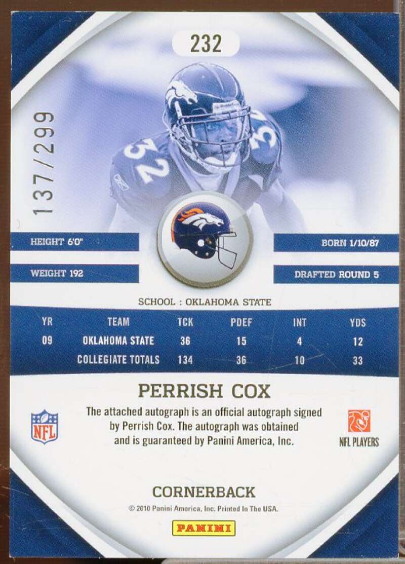 Perrish Cox/299 Rookie Card 2010 Panini Gridiron Gear Autographs Gold X's #232  Image 2