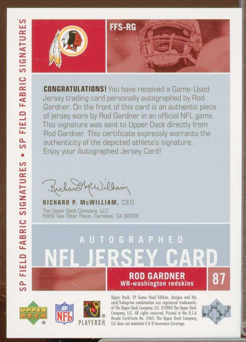 Rod Gardner Rookie Card 2003 SP Signature Autographs Blue Ink Numbered #RG  Image 2