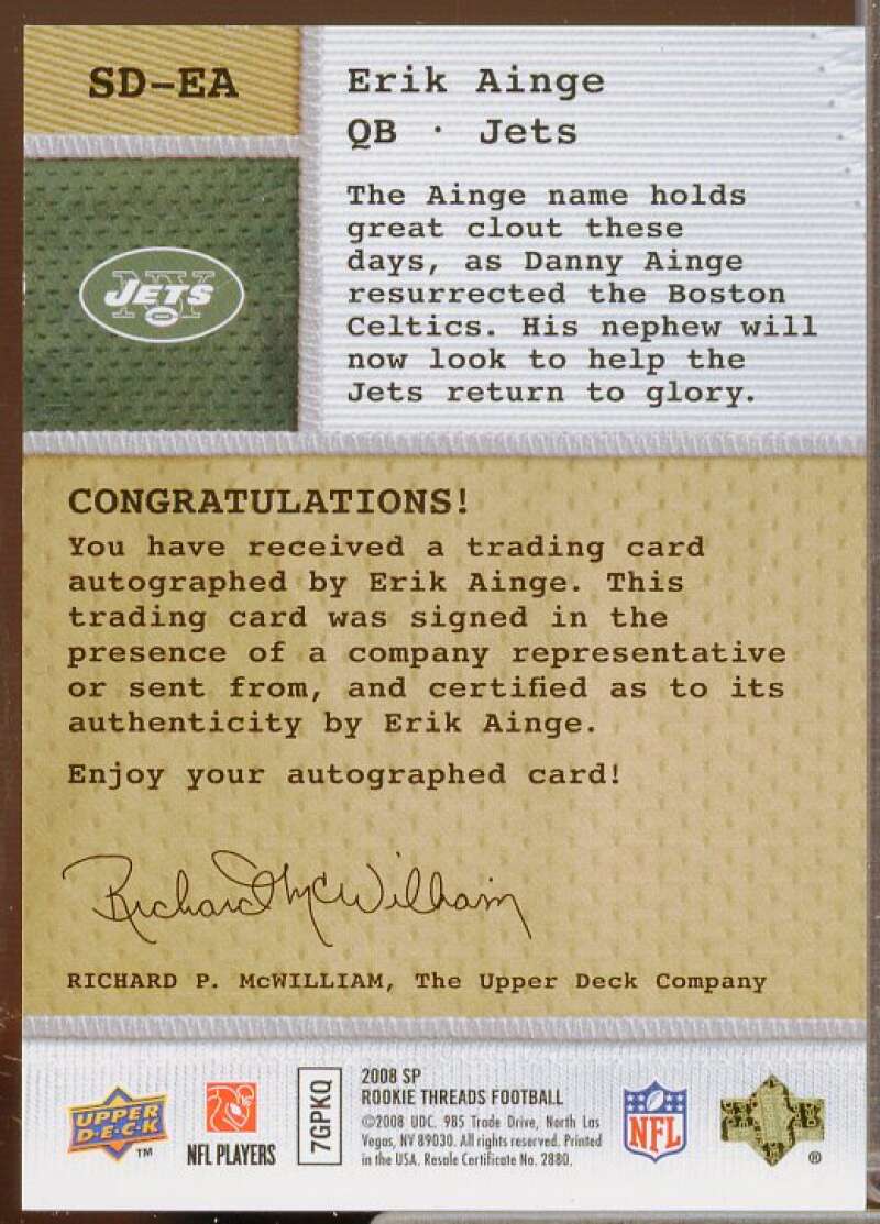 Erik Ainge/131 Rookie Card 2008 SP Rookie Threads Signing Day #SDEA  Image 2