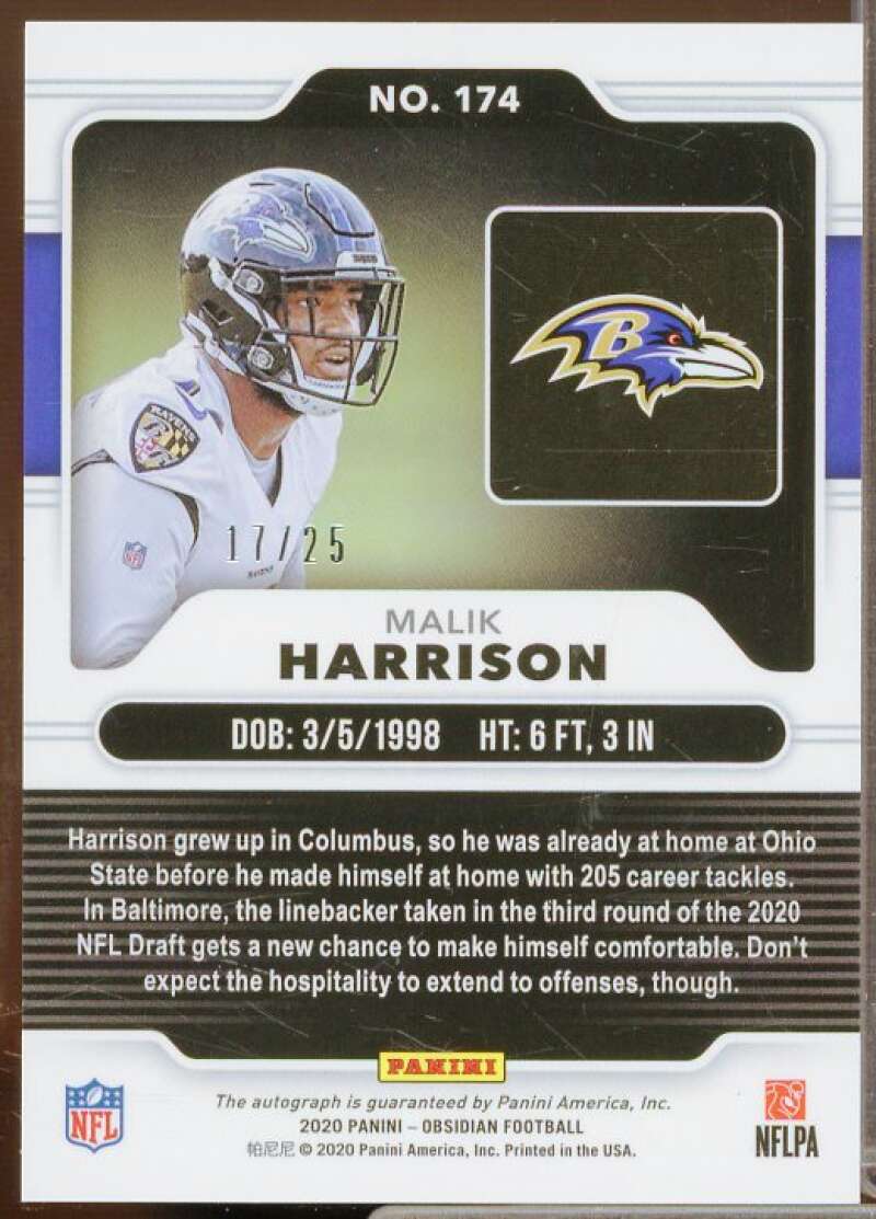 Malik Harrison Rookie 2020 Obsidian Rookie Autographs Electric Etch Yellow #174  Image 2