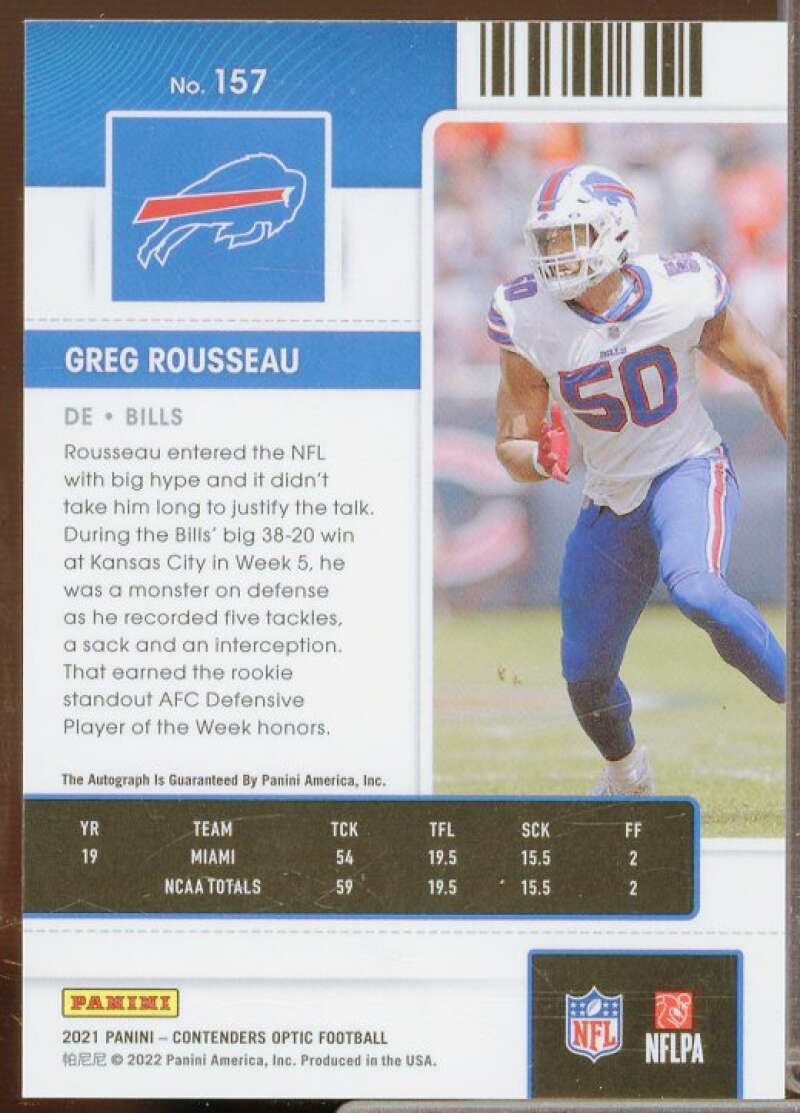 Greg Rousseau AU Rookie Card 2021 Panini Contenders Optic #157  Image 2