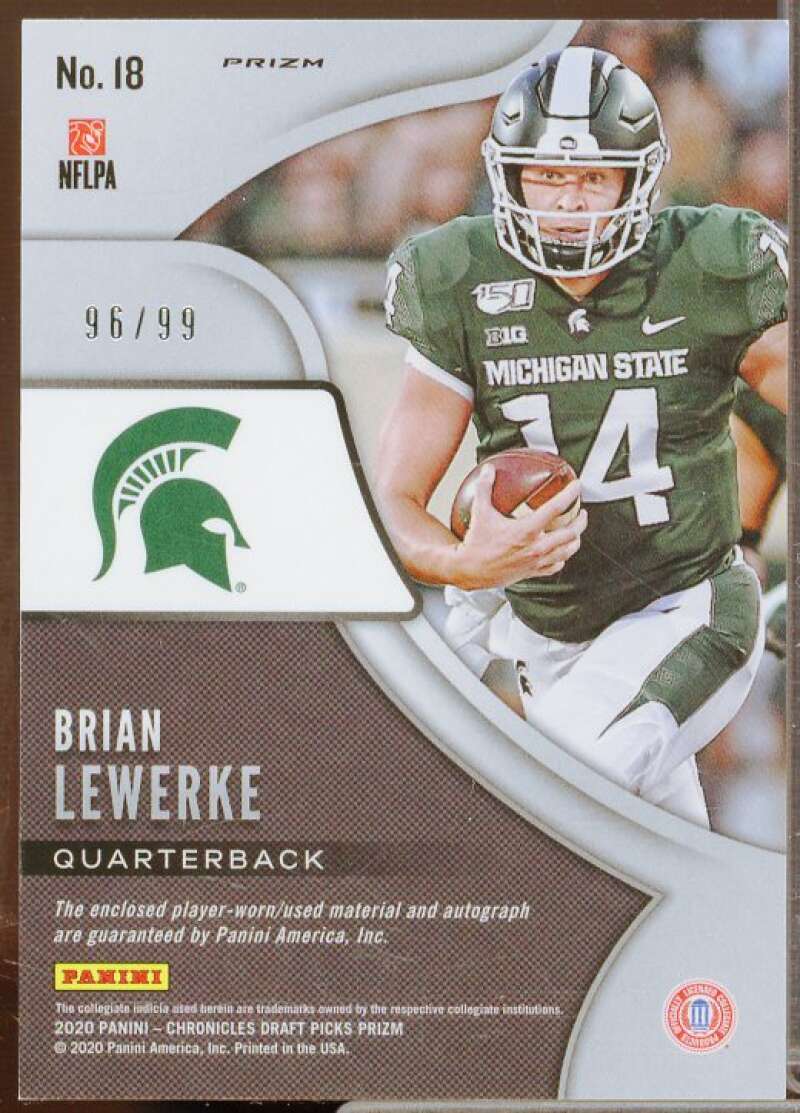 Brian Lewerke/99 Rookie Card 2020 Panini Prizm Draft Picks Patch Autographs #18  Image 2