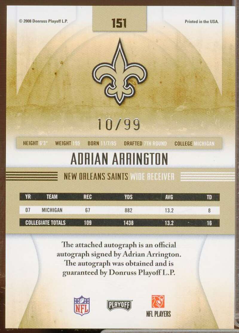 Adrian Arrington AU Rookie Card 2008 Absolute Memorabilia #151  Image 2