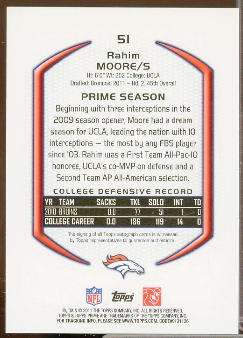 Rahim Moore Rookie Card 2011 Topps Prime Rookie Autographs Gold #51  Image 2