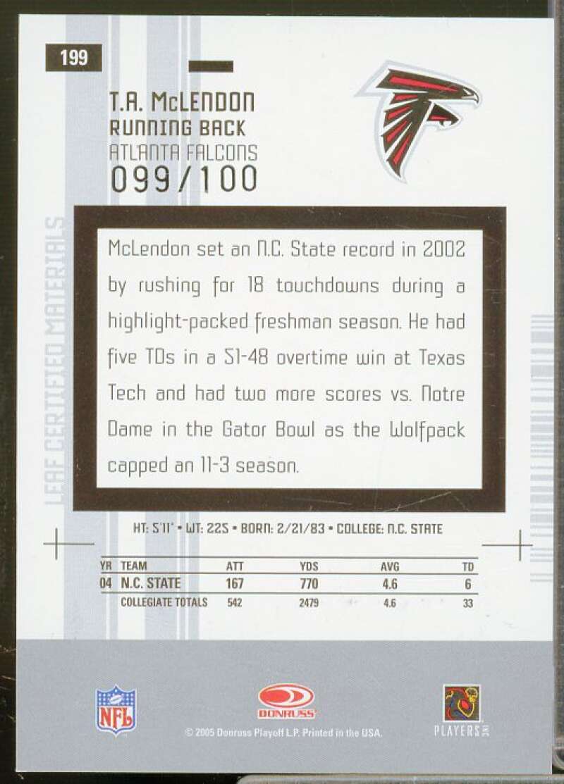 T.A. McLendon Rookie 2005 Leaf Certified Materials Mirror White Signatures #199  Image 2