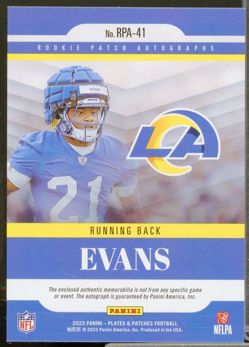 Zach Evans Rookie 2023 Panini Plates and Patches Rookie Patch Autographs #41  Image 2