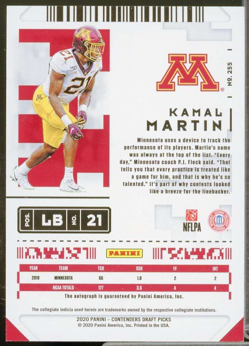 Kamal Martin AU Rookie Card 2020 Panini Contenders Draft Picks Bowl Ticket #255  Image 2