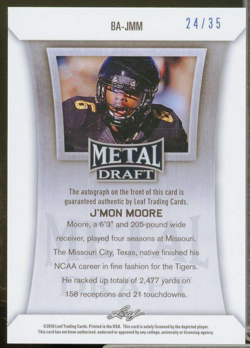 J'Mon Moore Rookie Card 2018 Leaf Metal Draft Prismatic Blue #BAJMM  Image 2