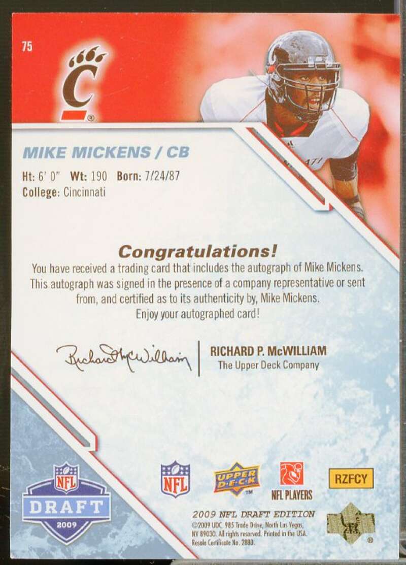 Mike Mickens Rookie Card 2009 Upper Deck Draft Edition Autographs Blue #75  Image 2