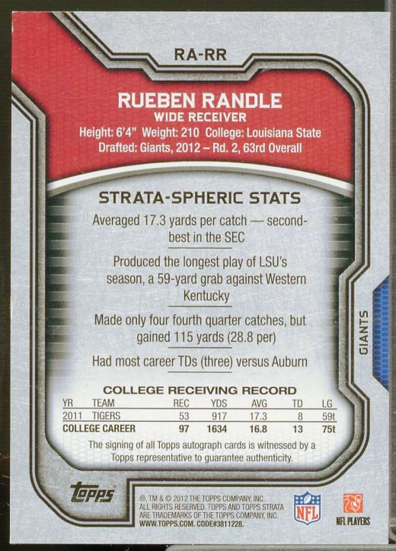 Rueben Randle Rookie Card 2012 Topps Strata Rookie Autographs Gold #RARR  Image 2