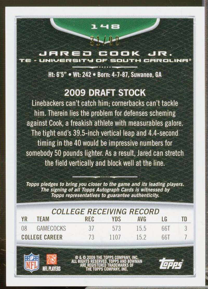 Jared Cook Rookie Card 2009 Bowman Draft Rookie Autographs Bronze #148  Image 2