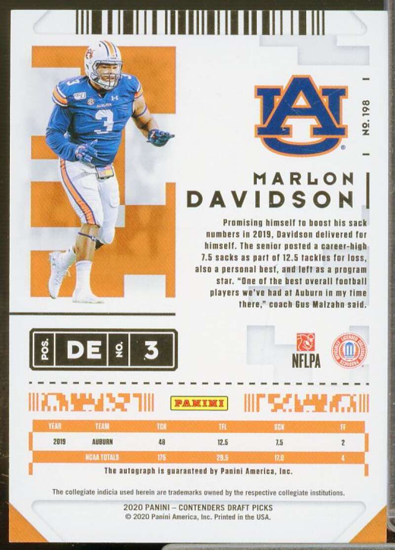 Marlon Davidson AU Rookie 2020 Panini Contenders Draft Picks Bowl Ticket #198  Image 2