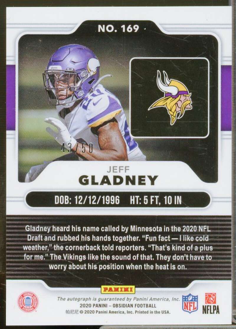 Jeff Gladney/50 2020 Panini Obsidian Rookie Autographs Electric Etch Green #169  Image 2