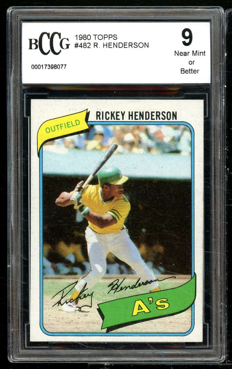 1980 Topps #482 Rickey Henderson Rookie Card BGS BCCG 9 Near Mint+ Image 1