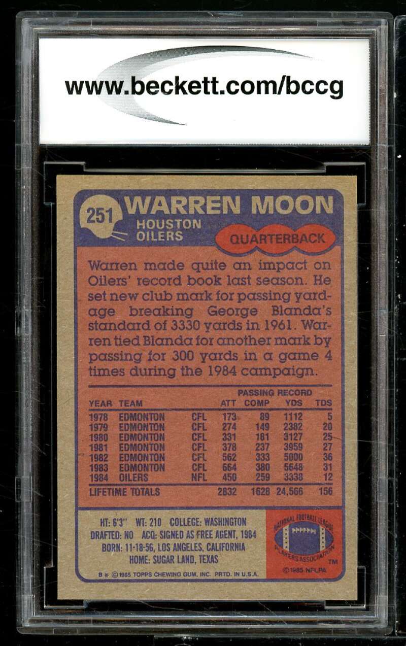 1985 Topps #251 Warren Moon Rookie Card BGS BCCG 9 Near Mint+ Image 2