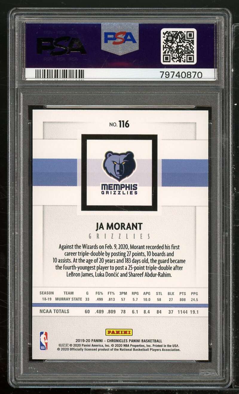 Ja Morant Rookie Card 2019-20 Panini Chronicles (Young Dolph) #116 PSA 10 Image 2