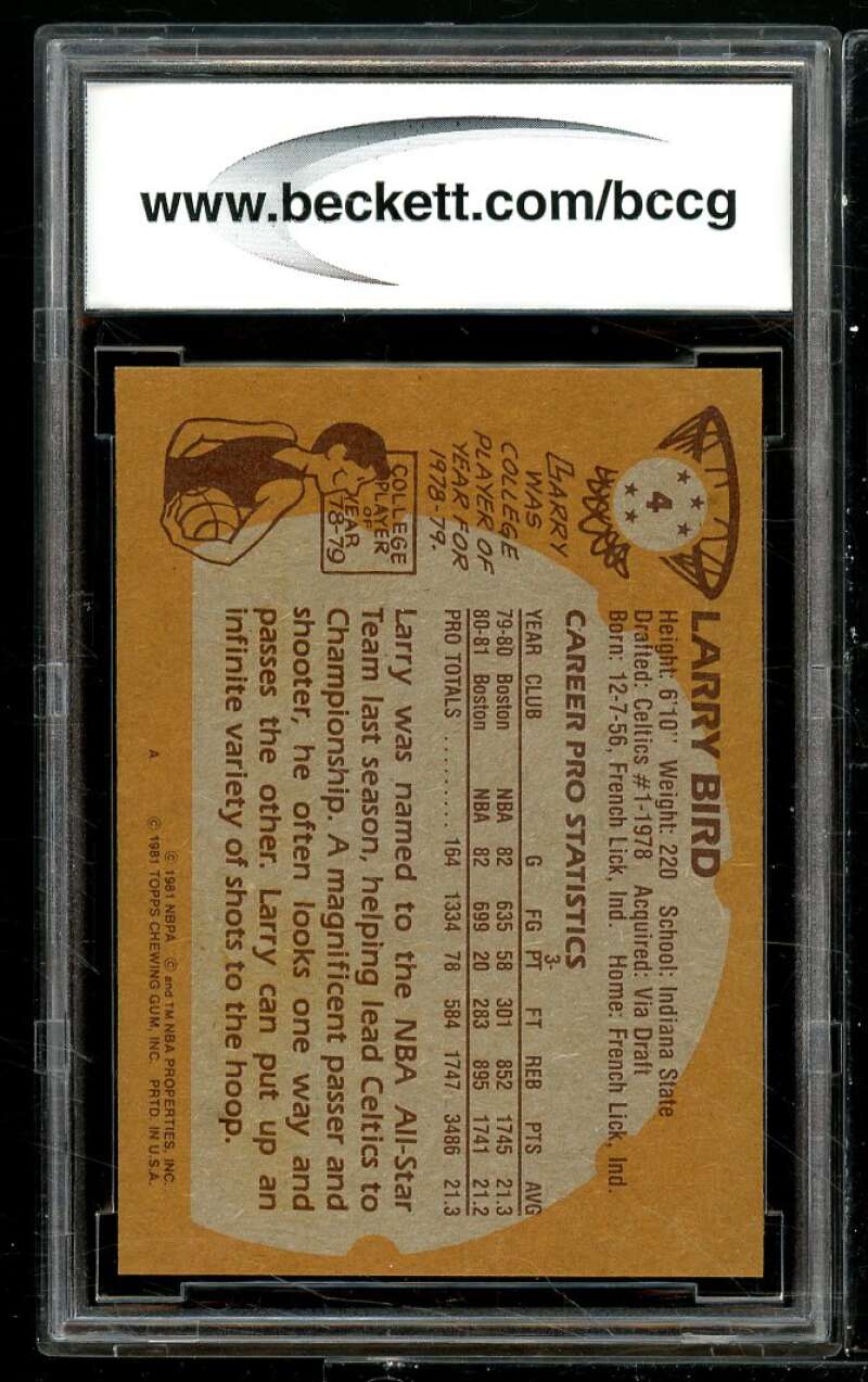 1981-82 Topps #4 Larry Bird Card BGS BCCG 9 Near Mint+ Image 2