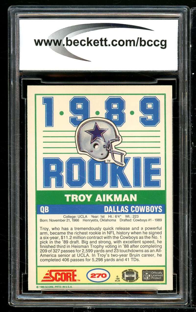 1989 Score #270 Troy Aikman Rookie Card BGS BCCG 9 Near Mint+ Image 2