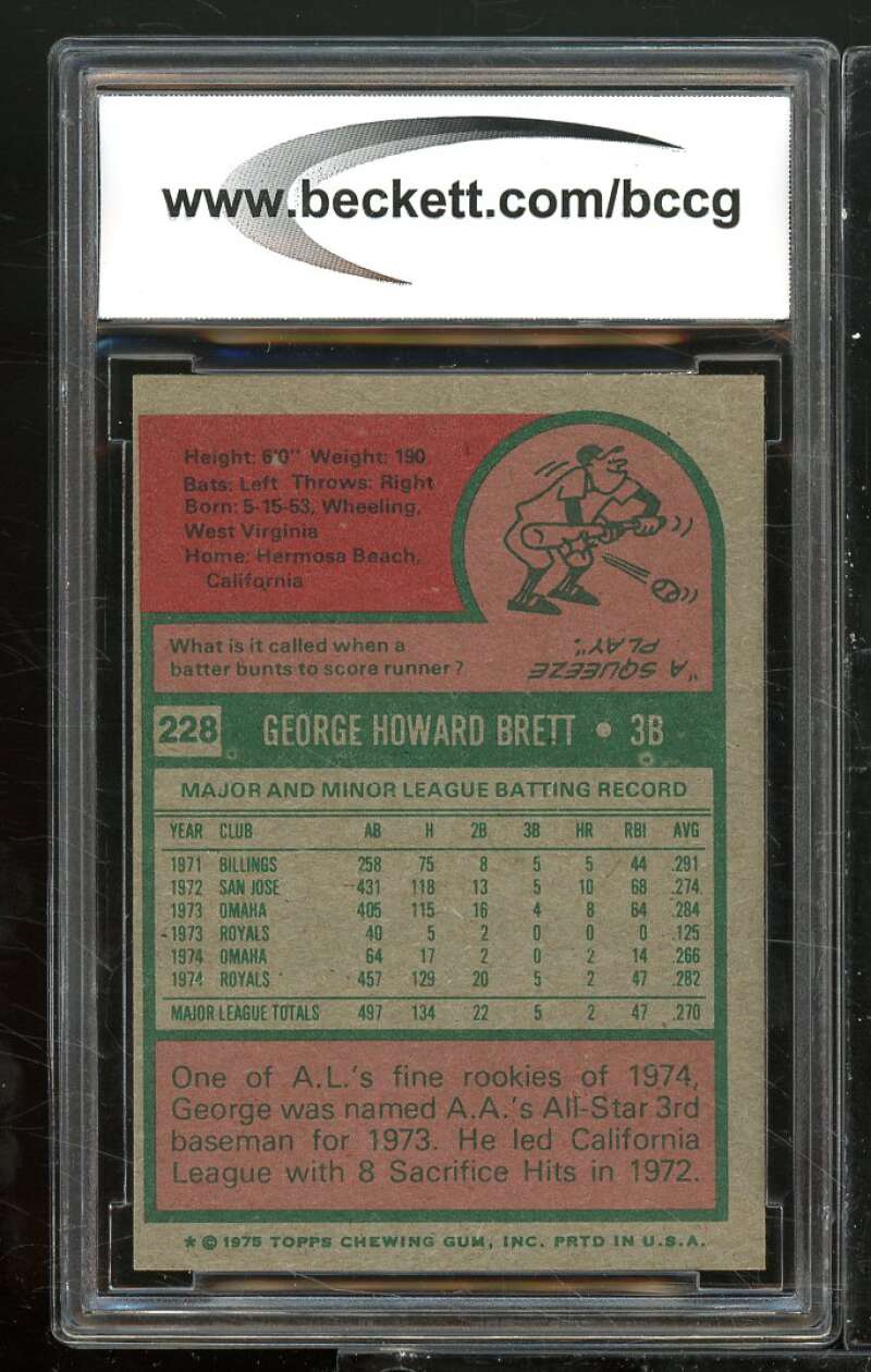 1975 Topps #228 George Brett Rookie Card BGS BCCG 9 Near Mint+ Image 2