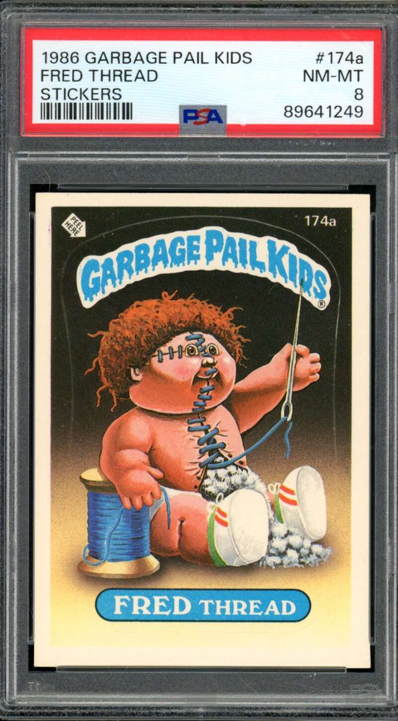 1986 garbage pail kid cards rare Fred Thread Stickers Card 1986 Garbage Pail Kids #174a PSA 8