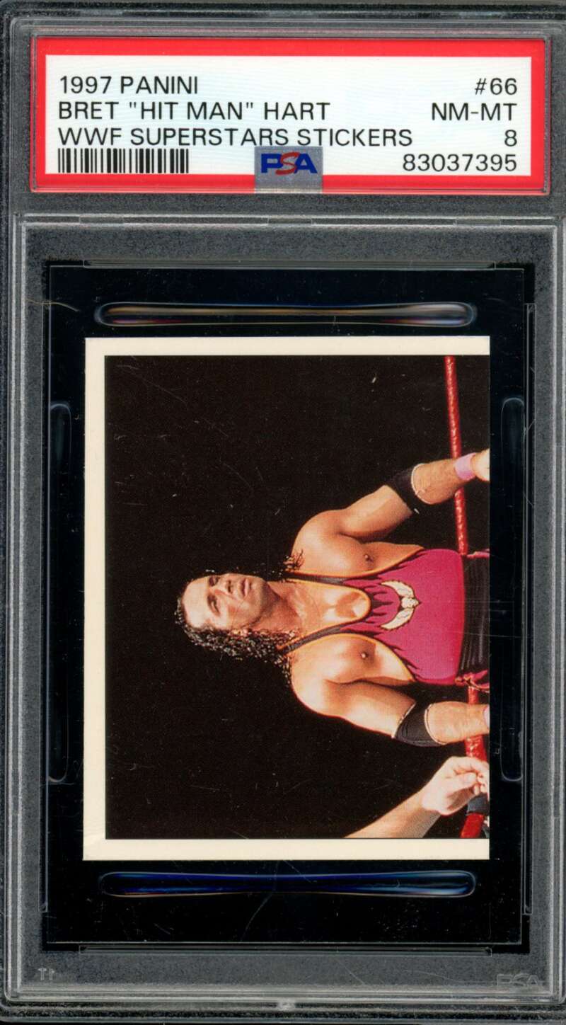 Bret Hit Man Hart Card 1997 Panini WWF Superstars Stickers #66 PSA 8 Image 1