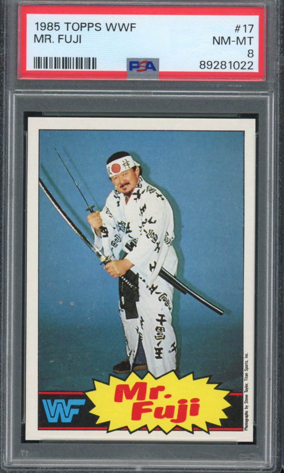 Mr. Fuji Card 1985 Topps WWF #17 PSA 8 Image 1