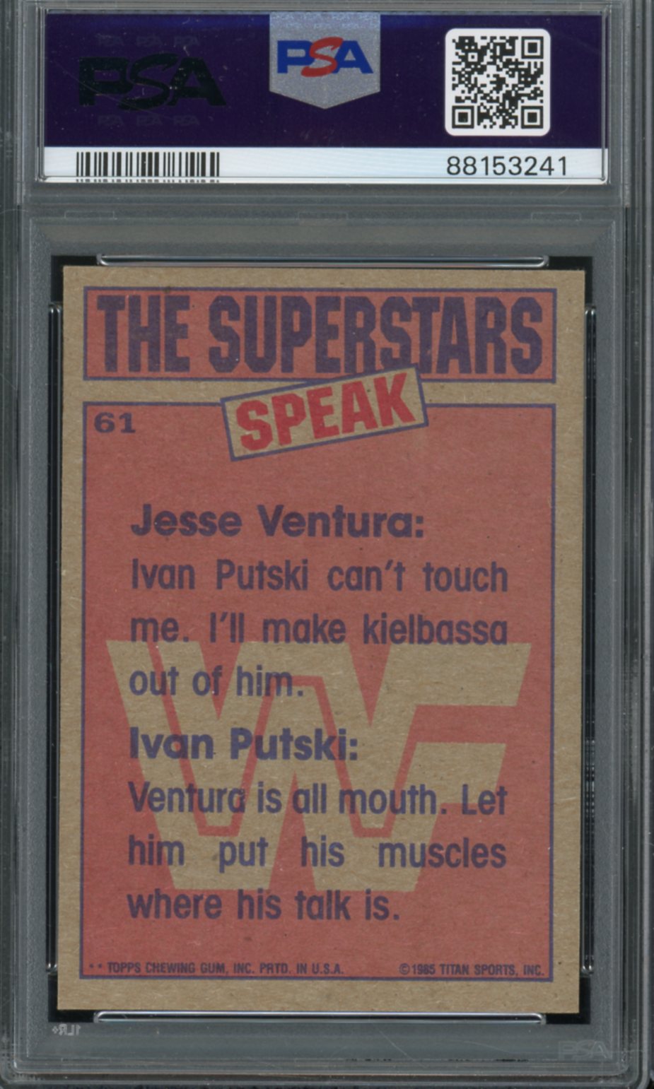 Jesse Ventura/Ivan Putski Card 1985 Topps WWF #61 PSA 7 Image 2