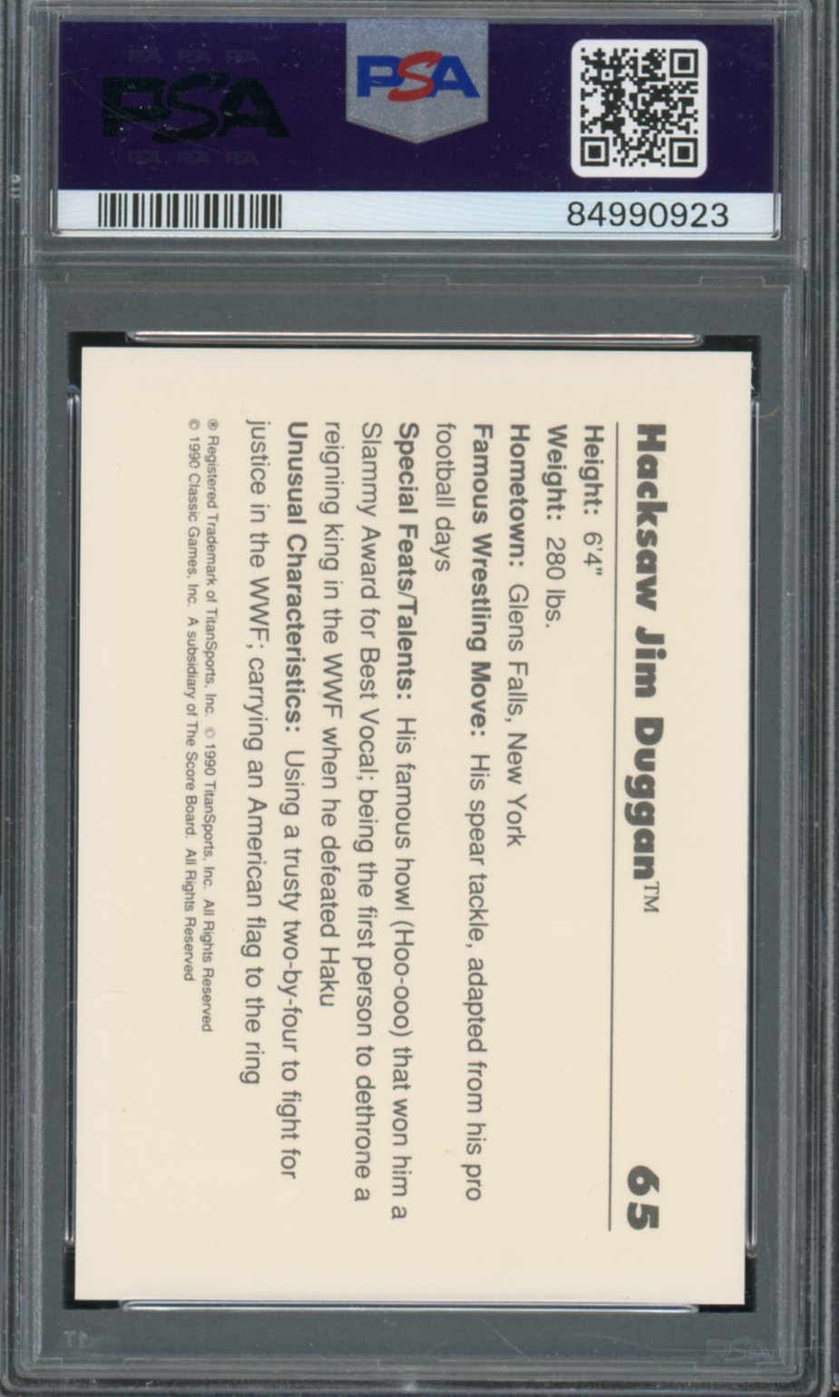 Hacksaw Jim Duggan Card 1990 Classic WWF #65 PSA 9 Image 2