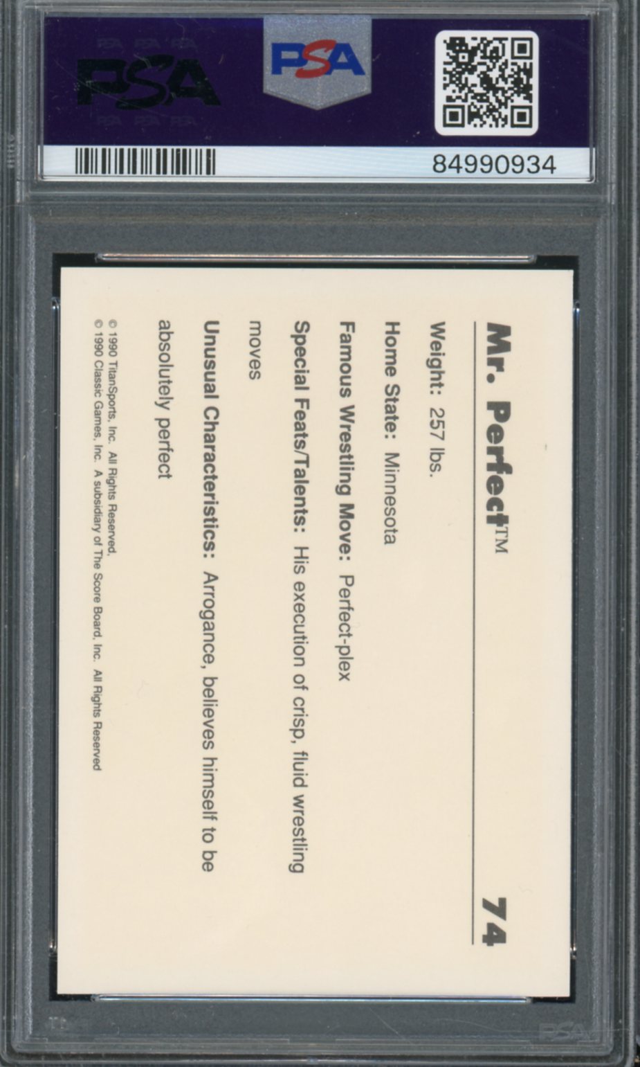 Mr. Perfect Card 1990 Classic WWF #74 PSA 9 Image 2