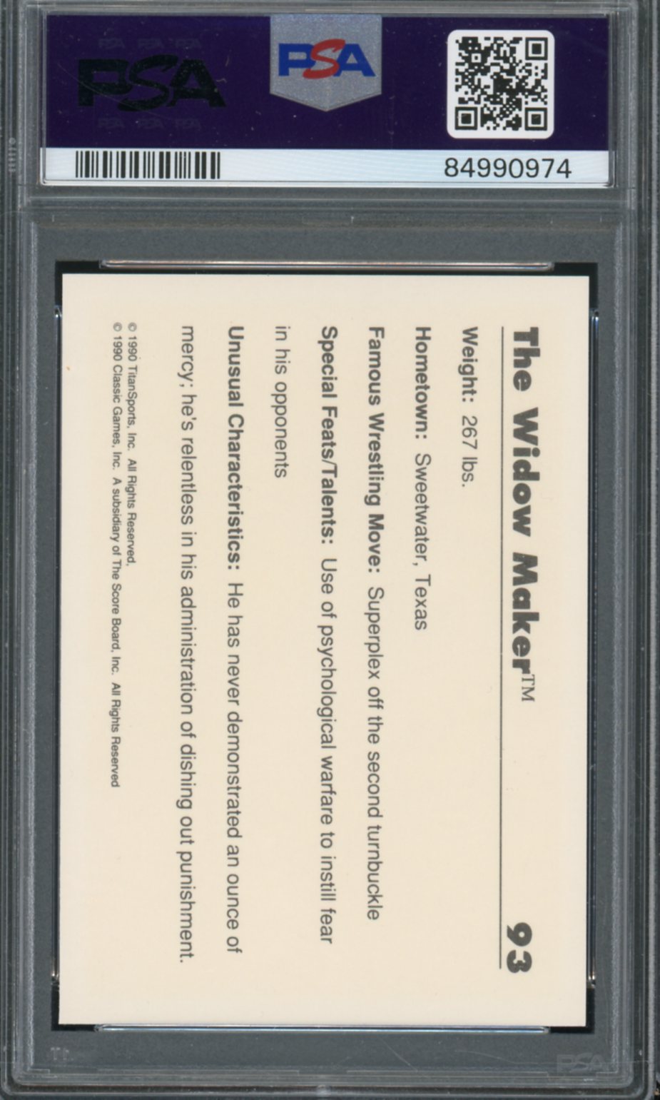 The Widow Maker Card 1990 Classic WWF #93 PSA 9 Image 2