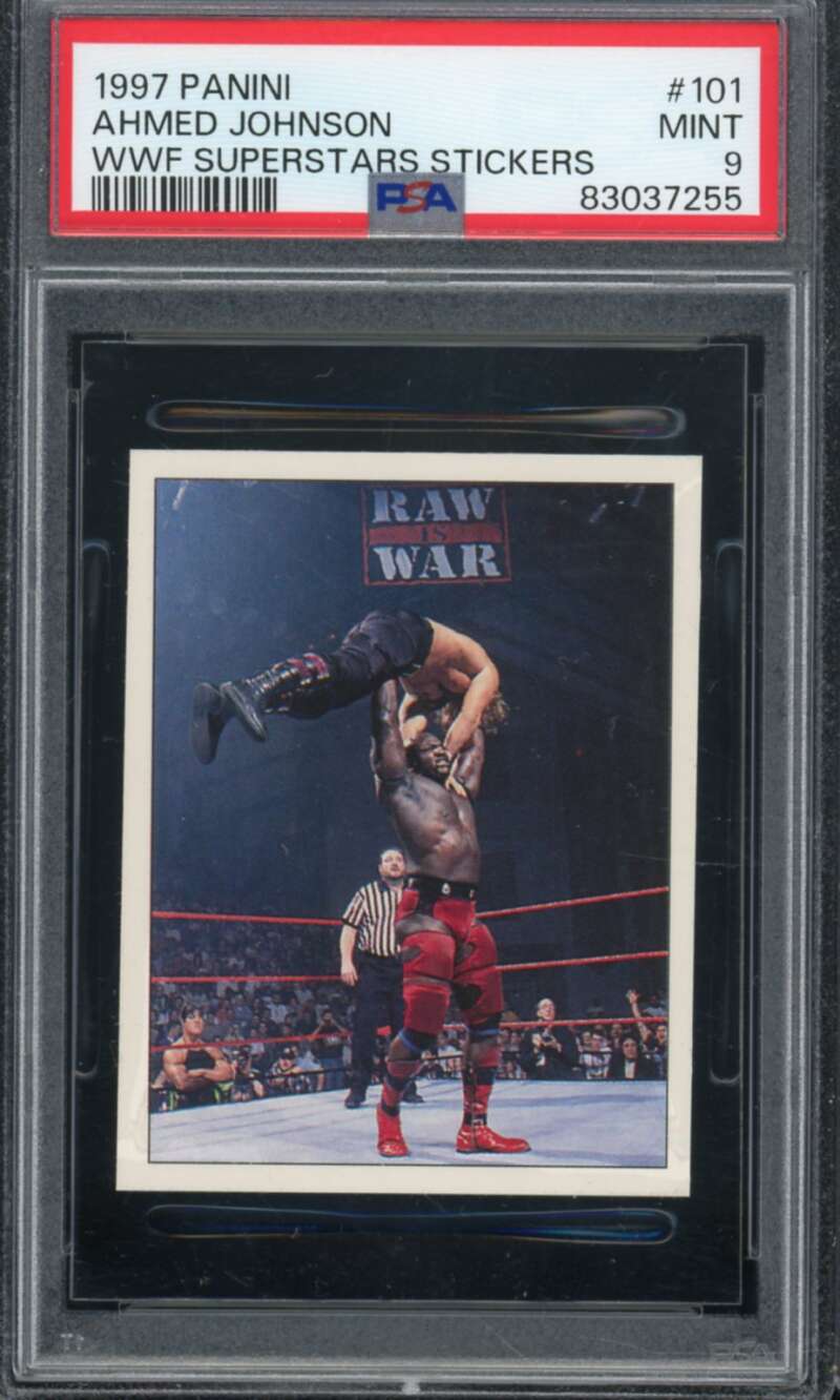 Ahmed Johnson Card 1997 Panini WWF Superstars Stickers #101 PSA 9 Image 1