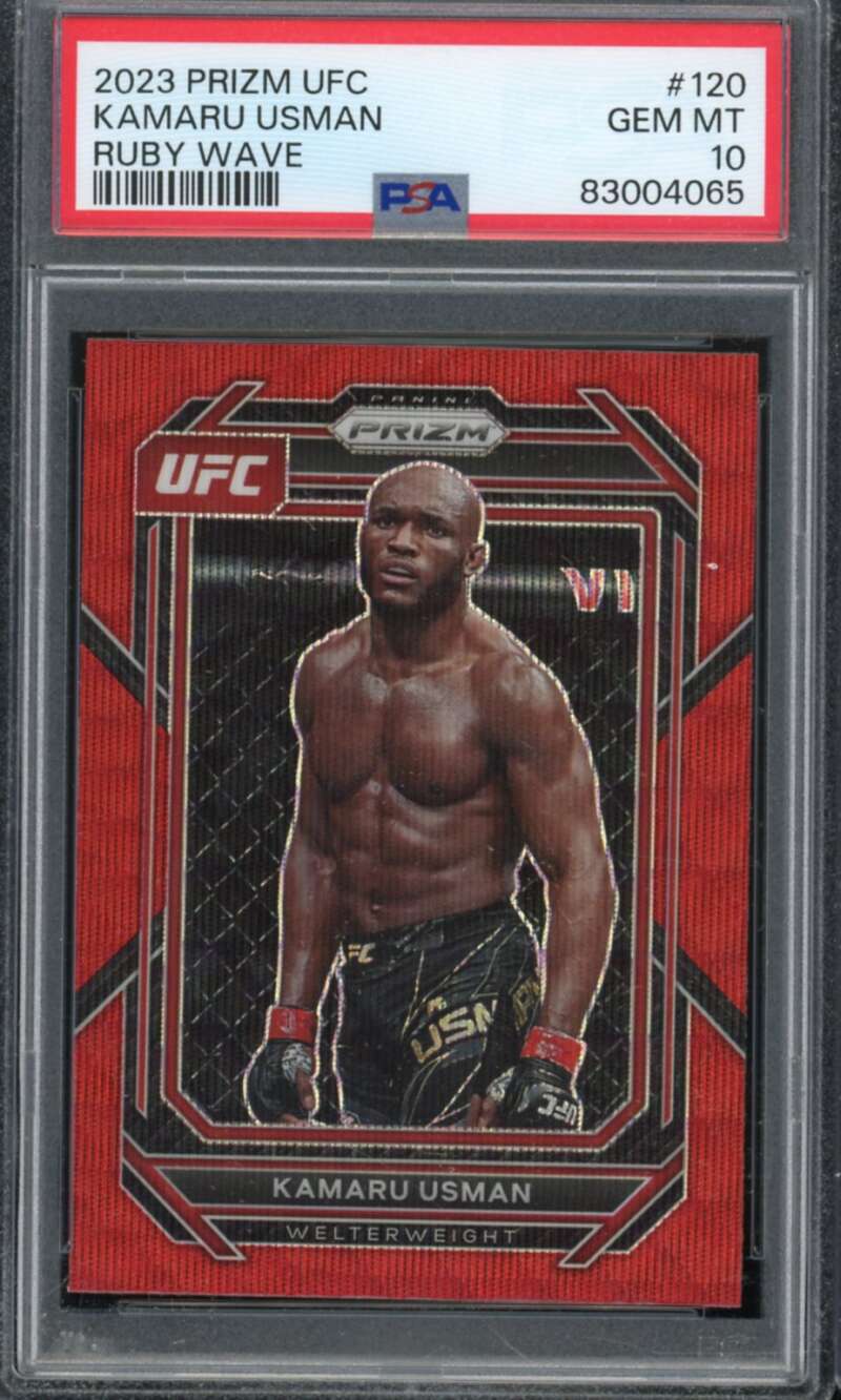 Kamaru Usman Card 2023 Prizm UFC Ruby Wave #120 PSA 10 Image 1