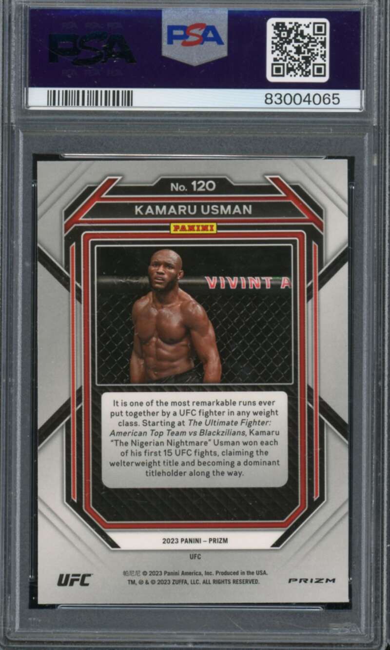 Kamaru Usman Card 2023 Prizm UFC Ruby Wave #120 PSA 10 Image 2